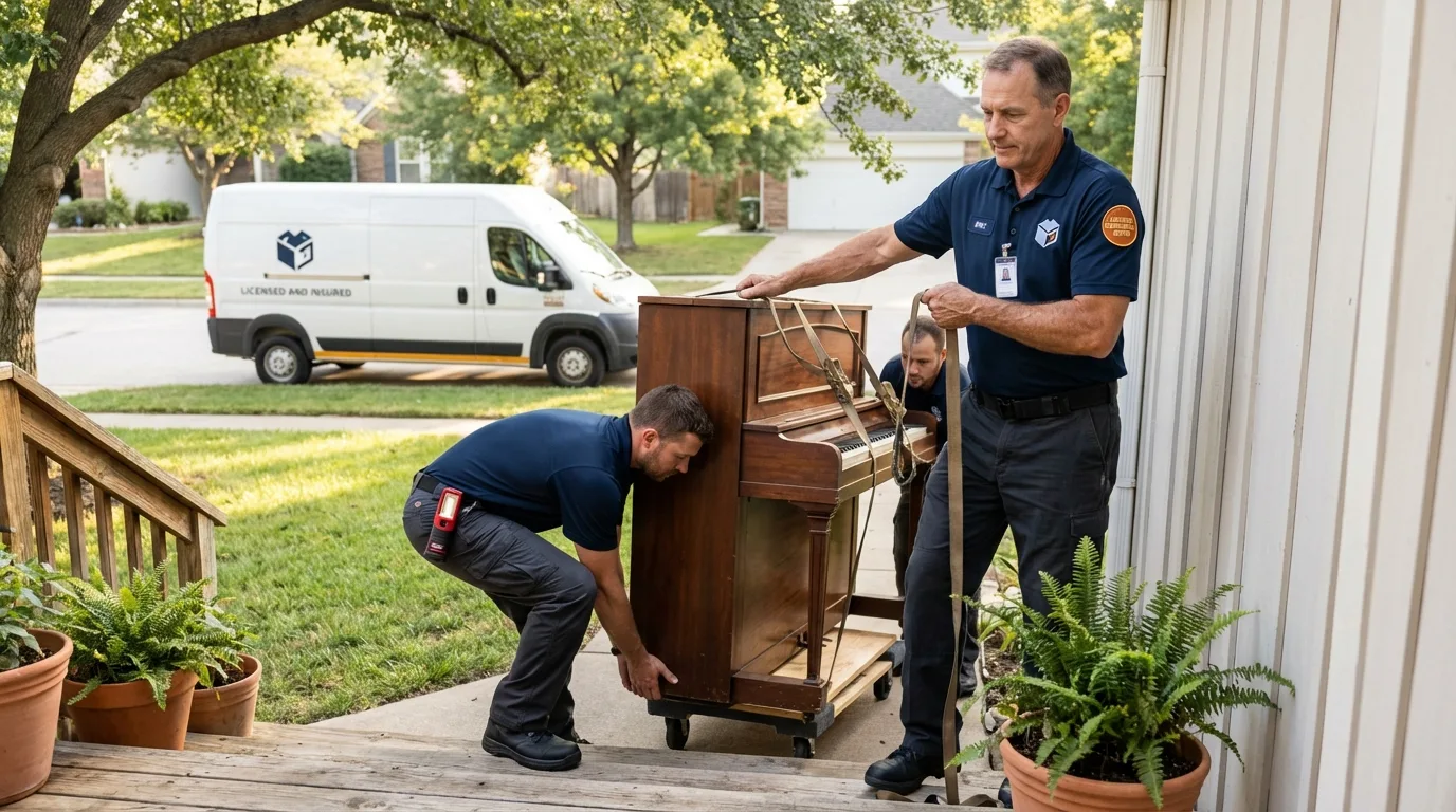 Licensed piano movers securing grand piano in Marsing, ID