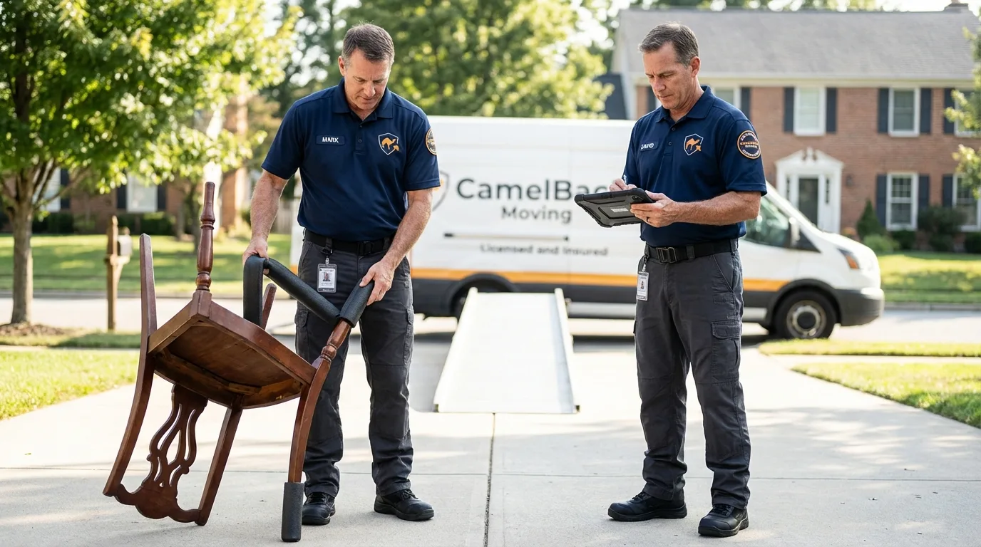 Movers inspecting furniture for damage prevention before loading in Marsing, ID