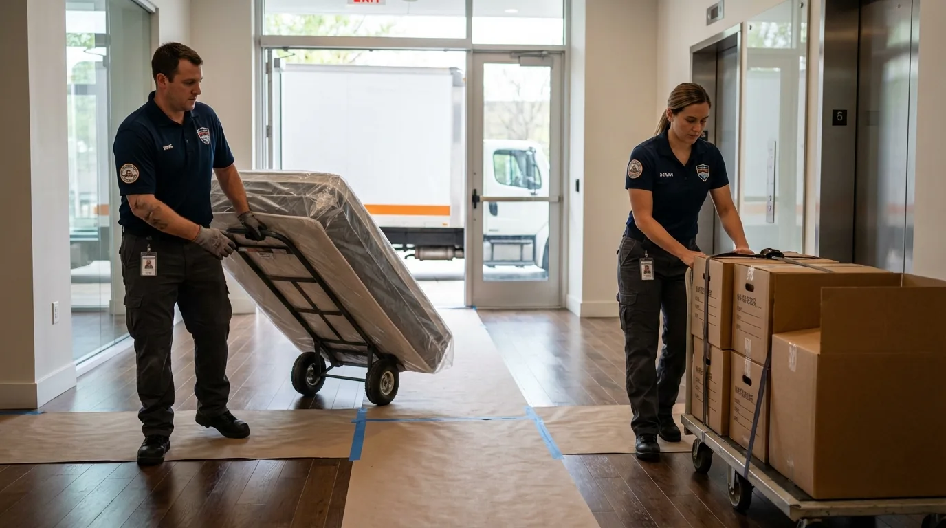 Professional apartment movers loading elevator in Marsing, ID